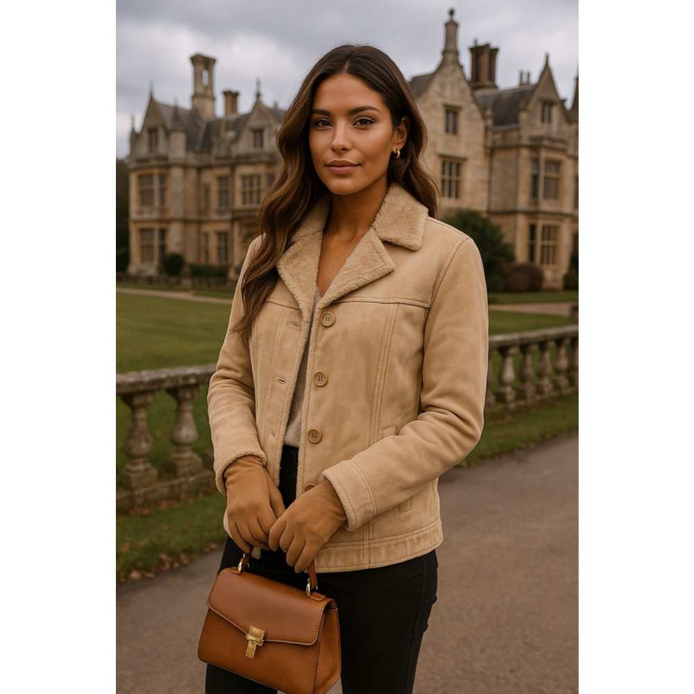 American Eagle Leather Coat‎ Fur Lined Quiet Luxury Old Money Elevated Neutrals